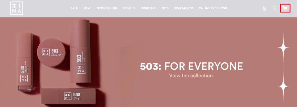 The 3INA home page with the shopping categories and the cart icon highlighted with a red box
