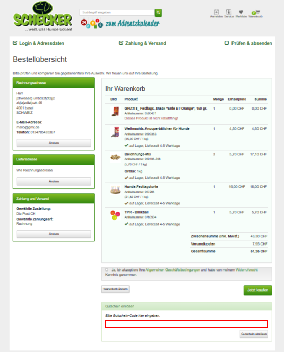 Der Checkout von Schecker mit rotmarkierter Stelle für den Schecker Gutscheincode