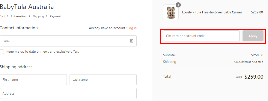 How do I use my Baby Tula discount code?