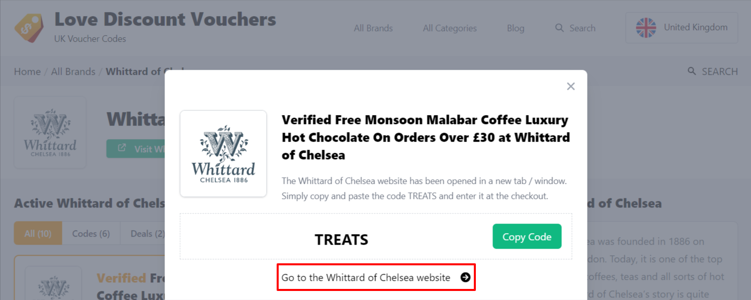 Box displayed on a darkened background of a Whittard of Chelsea discount code with the terms and conditions showing