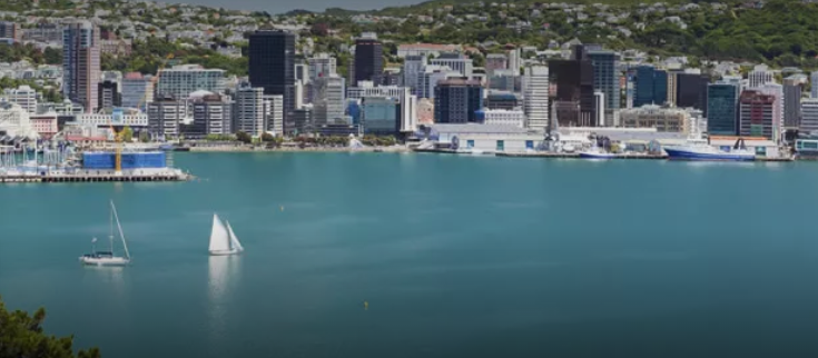 Two sailing boats in the marina with a city in the background on the shoreline