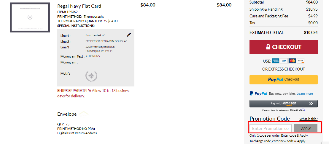 How do I use my FineStationery promo code?
