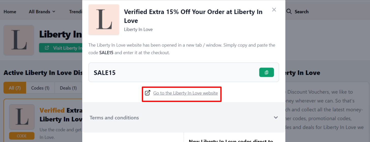 Box displayed on a darkened background of an Liberty In Love discount code with the terms and conditions showing
