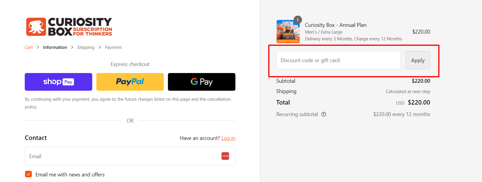 How do I use my The Curiosity Box coupon code?
