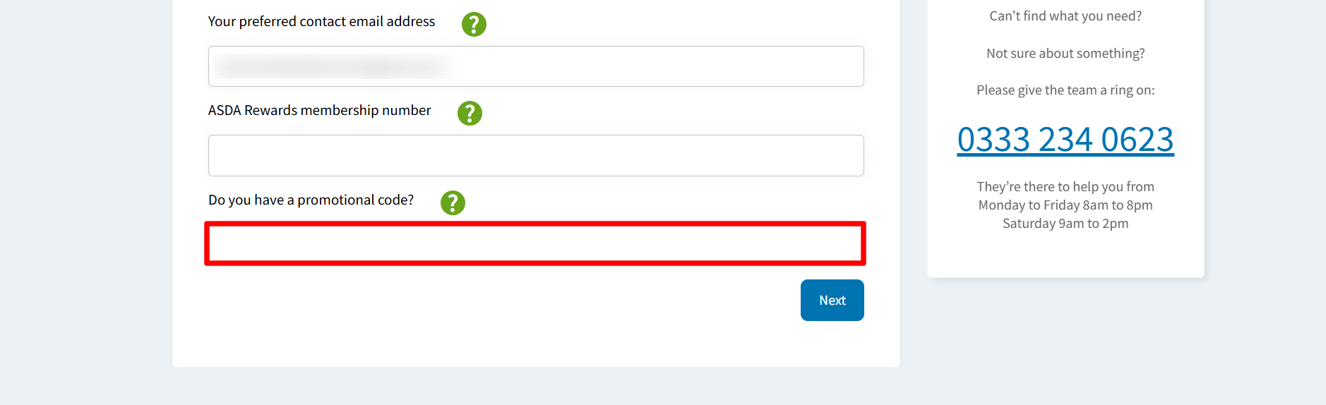 The Asda Money quote page with the voucher code box highlighted with a red box