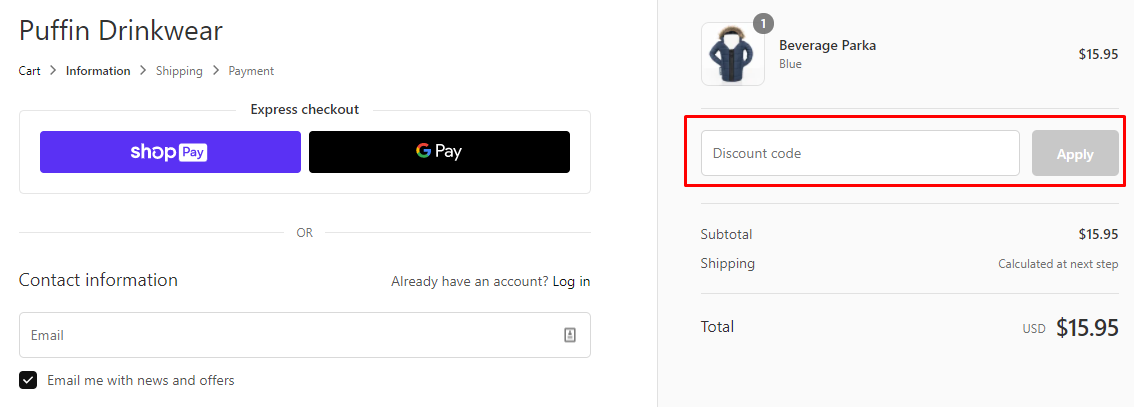 How do I use my Puffin Drinkwear discount code?