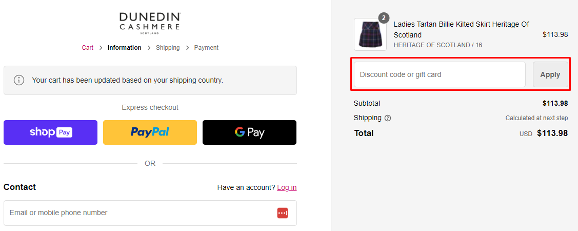 How do I use my Dunedin Cashmere discount code?