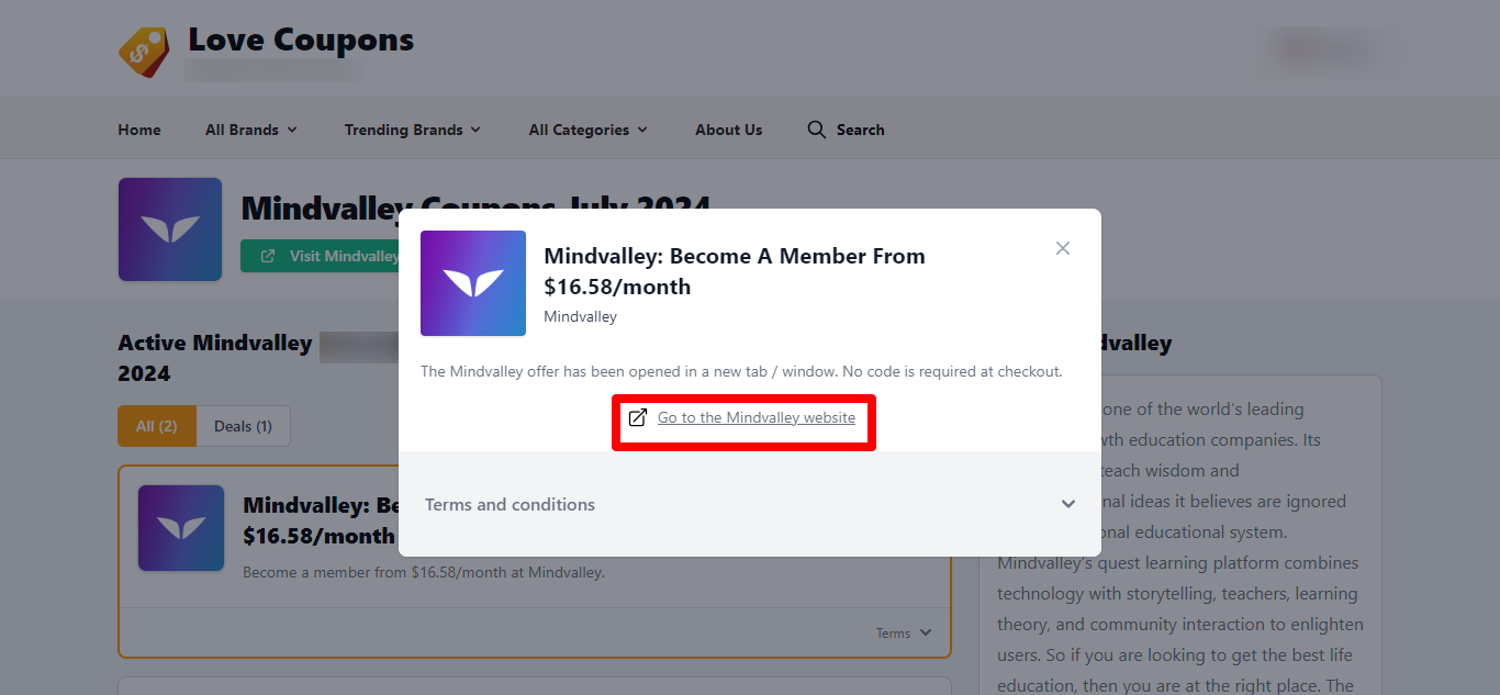 LoveCoupons sites available Mindvalley coupon codes with a red box showing how to get to the brands website