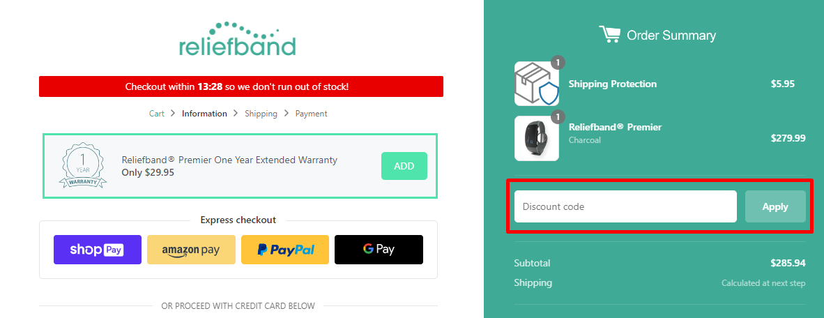How do I use my Reliefband discount code?