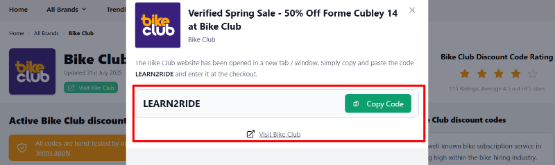 The highlighted red box shows the link to the Bike Club website for shopping.