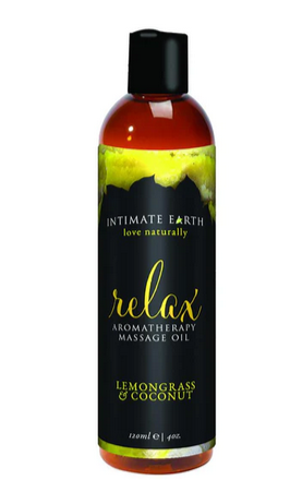 Intimate Earth' Relaxation Massage  Oil is written on the sticker of an oil bottle with a black lid, and contents brown.