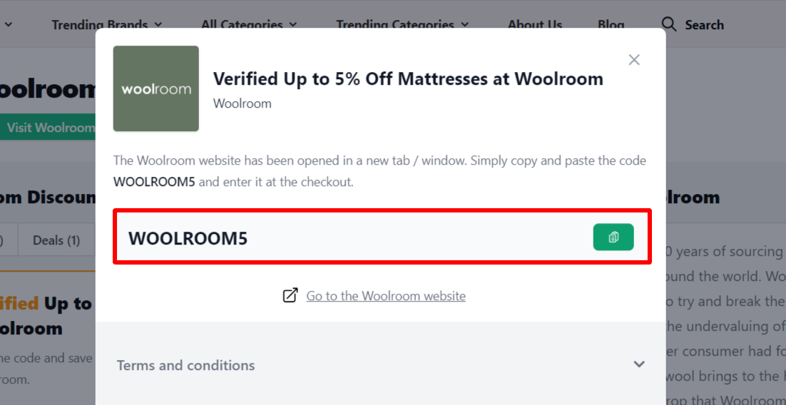 Box displayed on a darkened background of a Woolroom promo code with the terms and conditions showing
