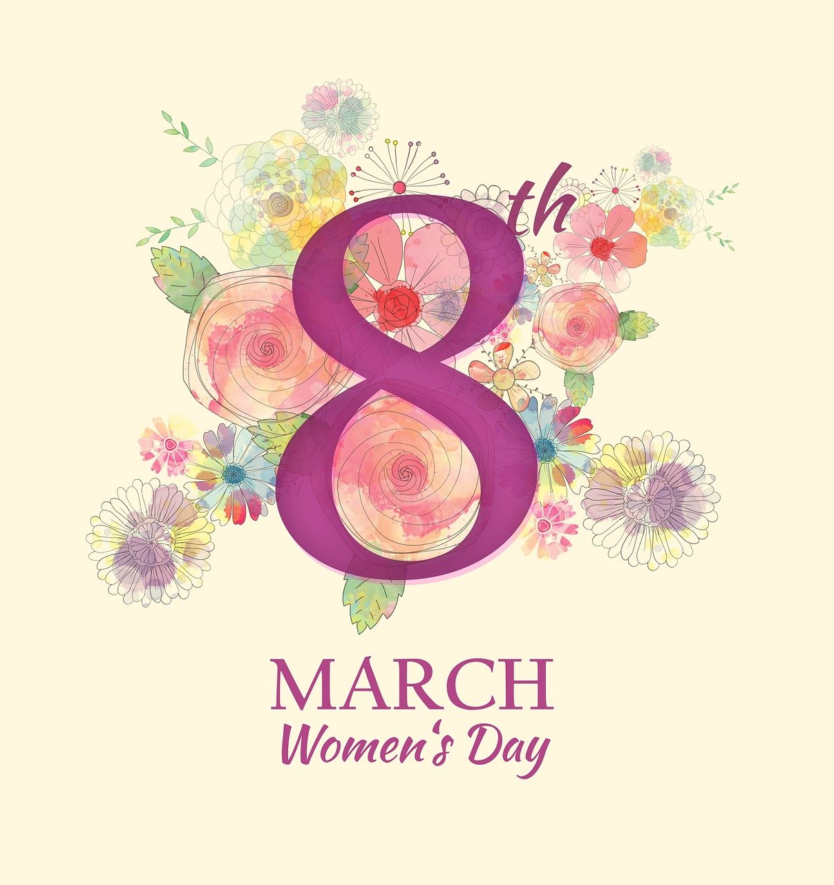8 de marzo con fondo morado y floreado celebrando un cupón del dia de la mujer