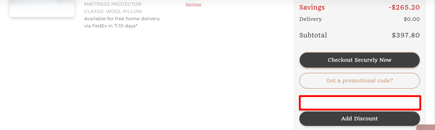 The brand checkout page with where to add the Woolroom promo code highlighted with a red box