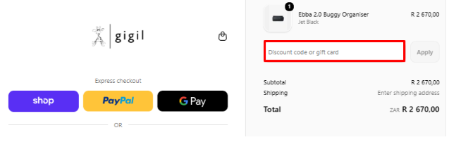 A red box is where you enter the Gigil promo code