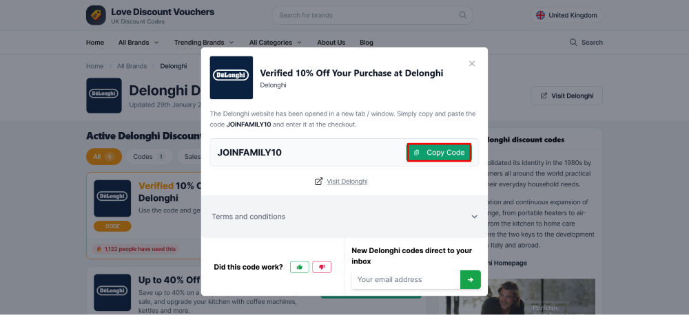 Delonghi Love Discount Vouchers page where a code is copied