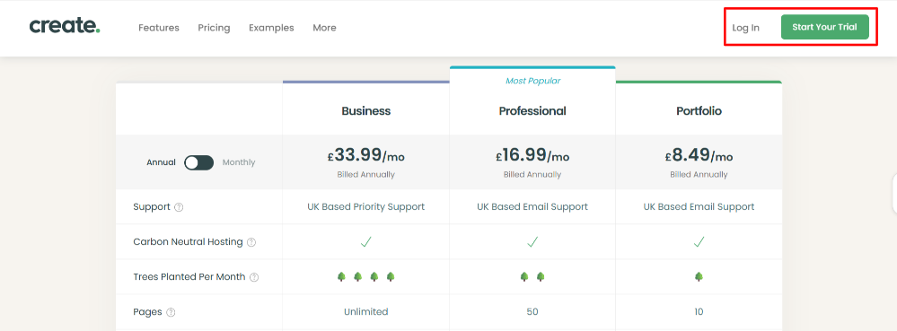  Different Create plans and the login and start free trial buttons on the website builder platform.