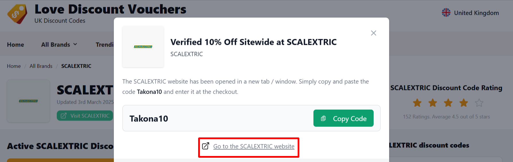 The highlighted red box shows the link that takes you to the SCALEXTRIC website