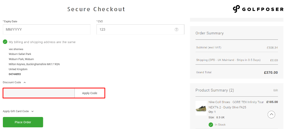 The Golf Poser checkout page