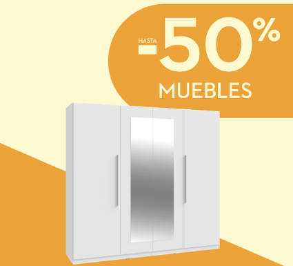 50% de descuento en muebles de conforama sobre fondo marrón y un armario blanco