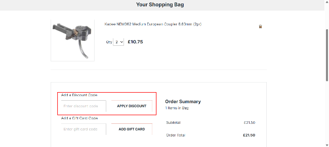The checkout page showing where to apply your discount code
