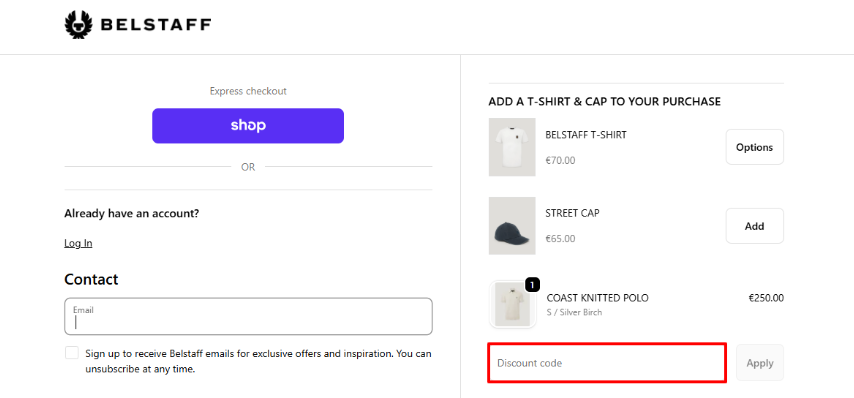 Apply your Belstaff promo code to your order in the red box