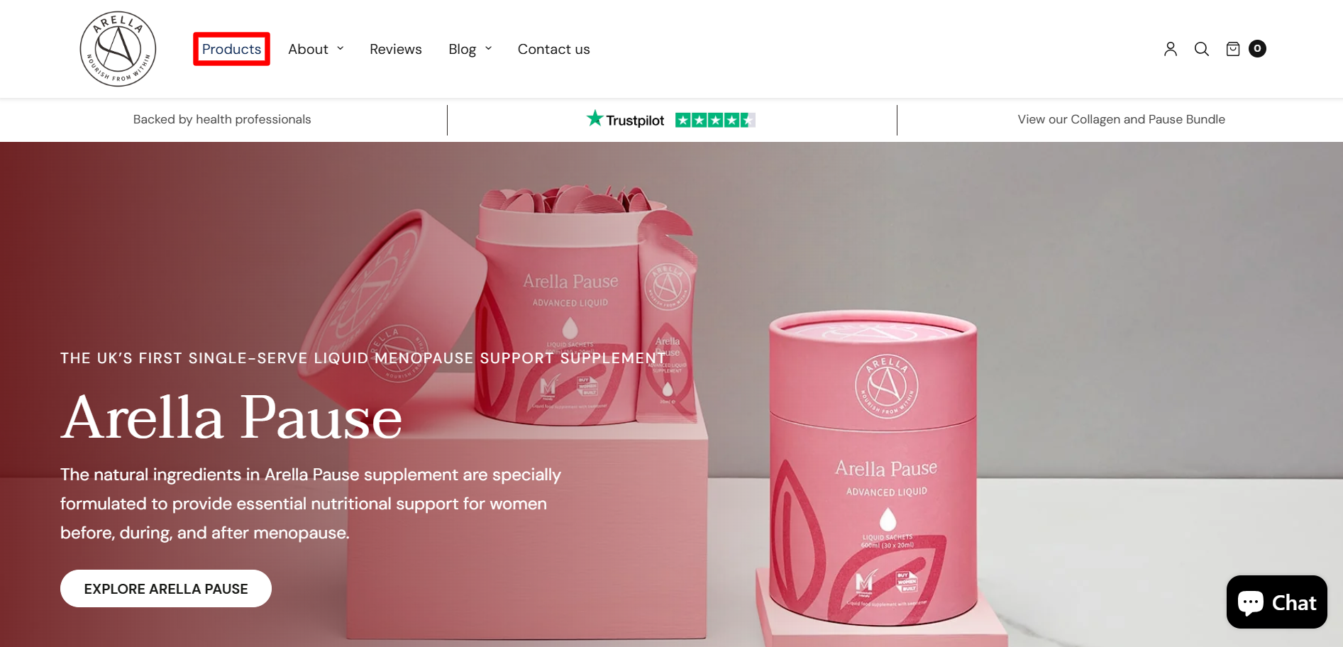 The Arella Beauty landing page with the “Products” tab highlighted with a red box