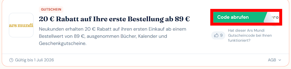 Angaben zu einem Gutschein für Ars Mundi mit rotmarkiertem grünen Button
