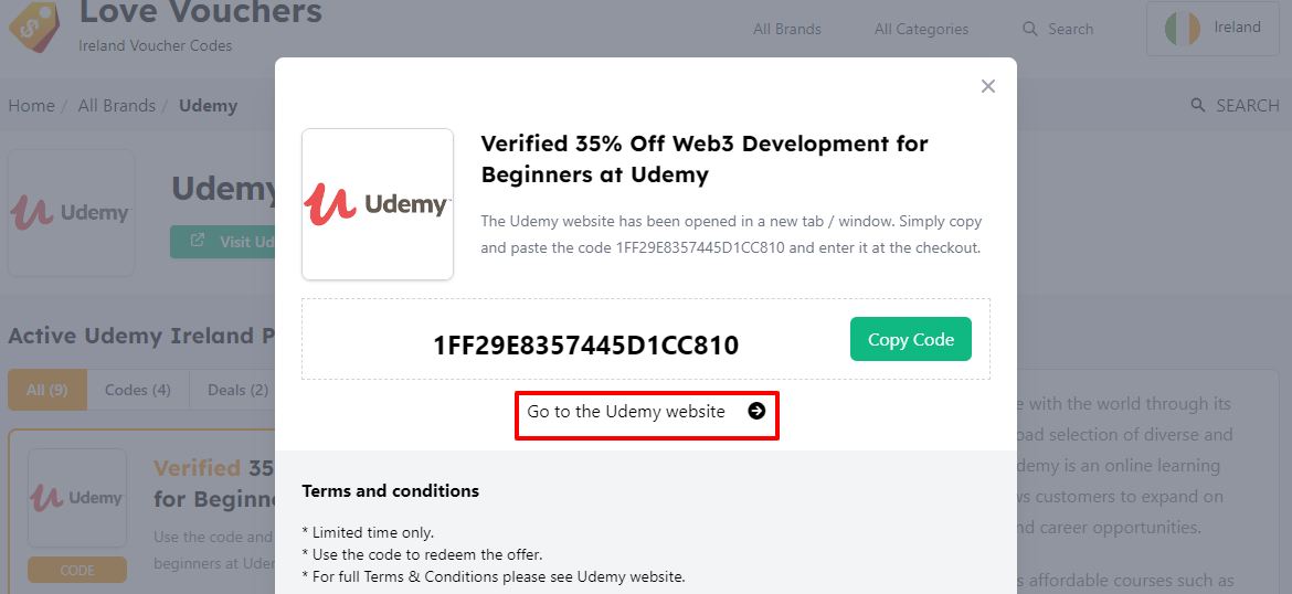 Box displayed on a darkened background of a Udemy coupon with the terms and conditions showing