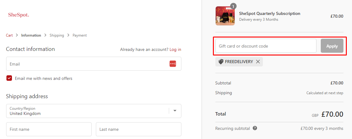 How do I use my SheSpot discount code?
