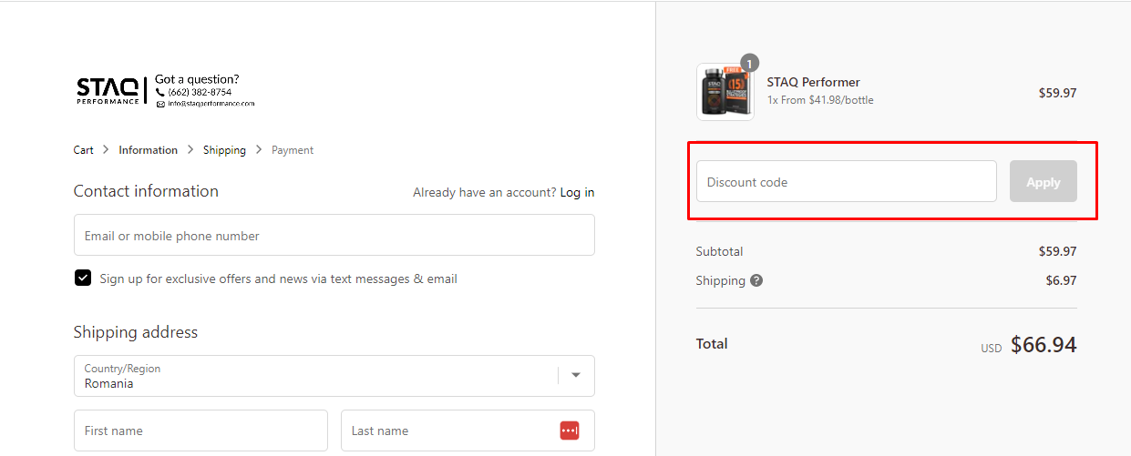 How do I use my STAQ Performance discount code?