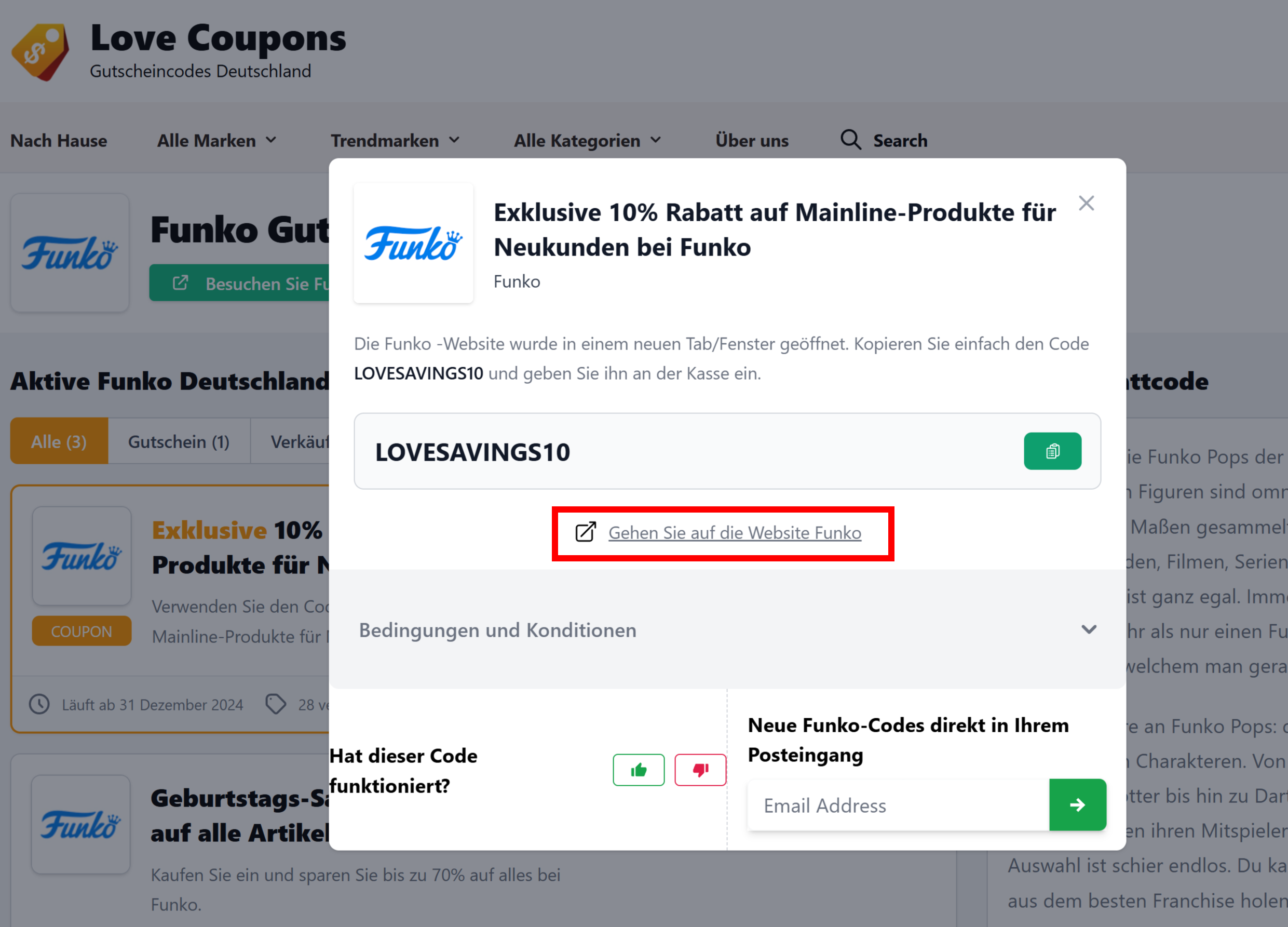 Die Love Coupons Seite mit einem offenen Rabattcode und rotmarkiertem Link für Funko