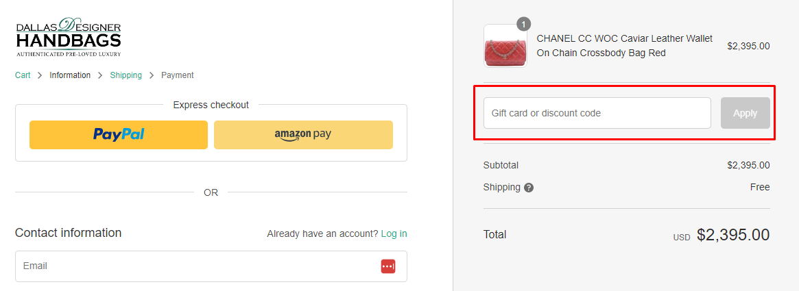 How do I use my Dallas Designer Handbags discount code?