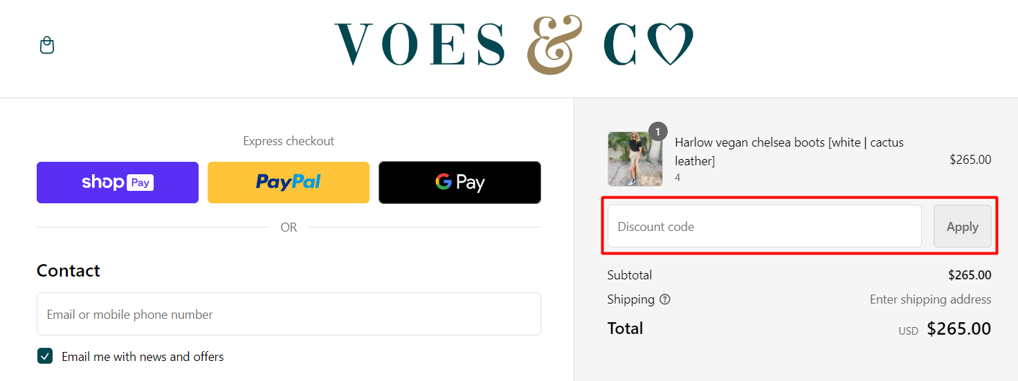 How do I use my Voes & Co discount code?