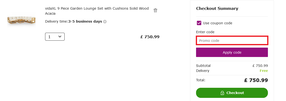 The brand checkout page with where to add the vidaXL promo code highlighted with a red box