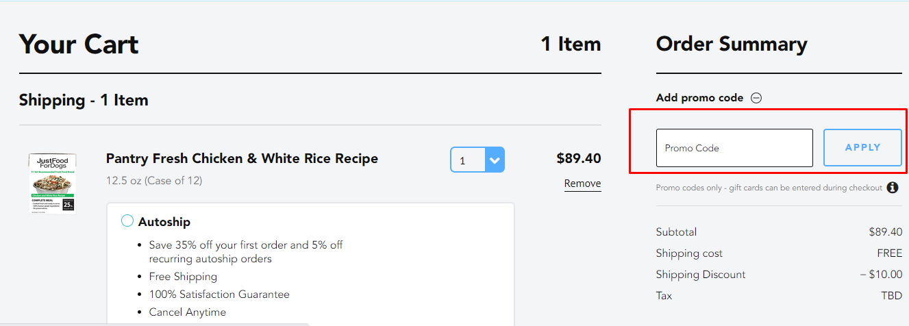 How do I use my JustFoodForDogs promo code?