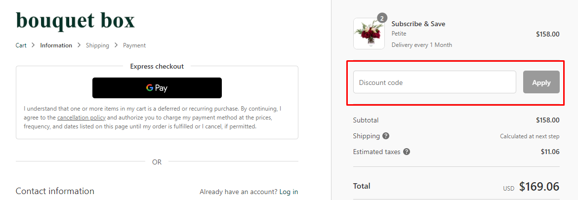 How do I use my Bouquet Box discount code?