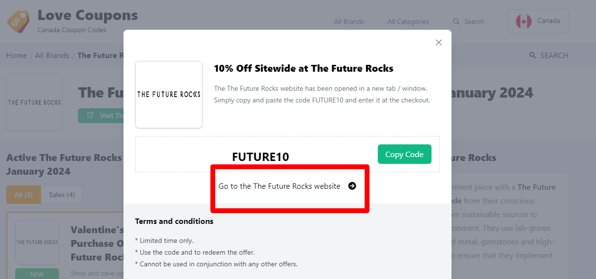 Box displayed on a darkened background of a The Future Rocks coupon code with the terms and conditions showing