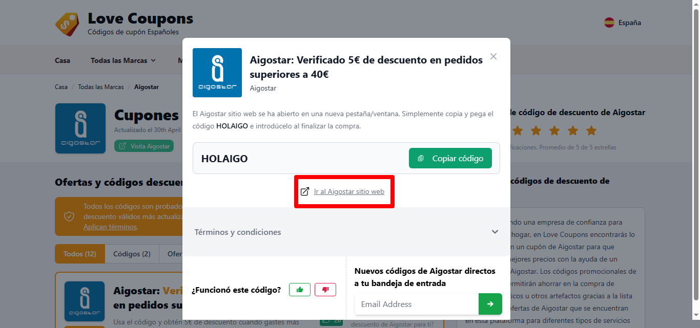 enlace para visitar el sitio web de la marca y canjear el código
