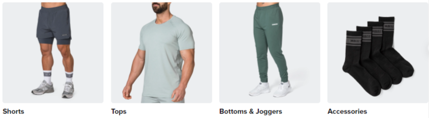 The men's categories include shorts, tops, bottoms, and accessories on the white background