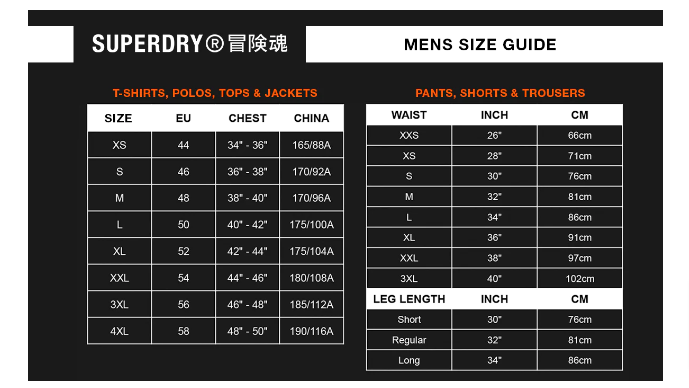 Men’s size chart showing different sizes for T-shirts, polos, jackets, pants, trousers, shorts, and tops