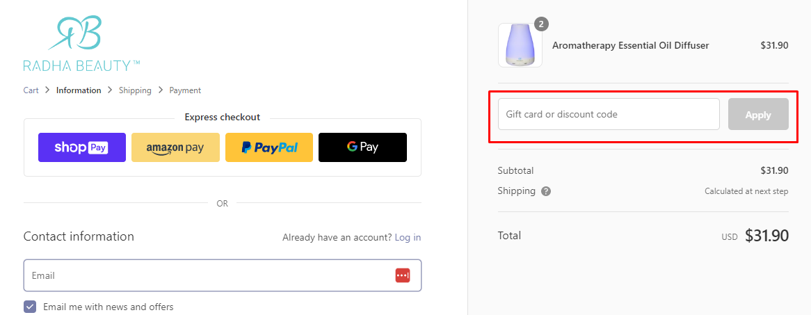 How do I use my Radha Beauty discount code?