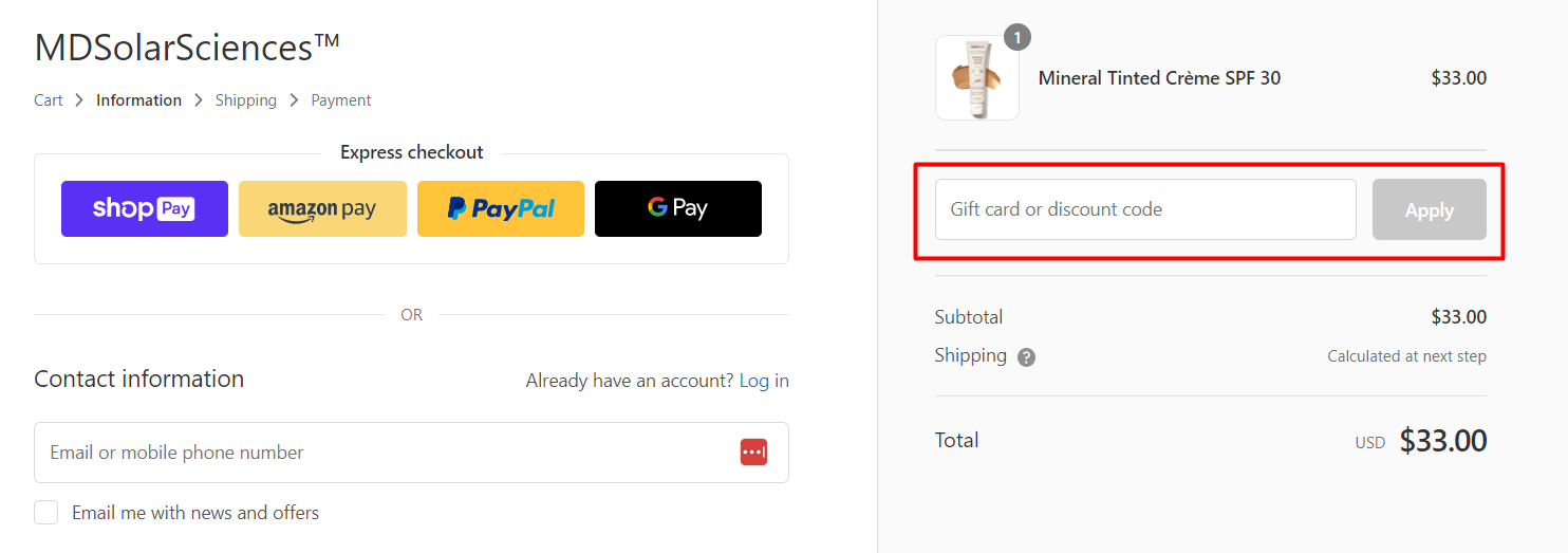 How do I use my MDSolarSciences discount code?