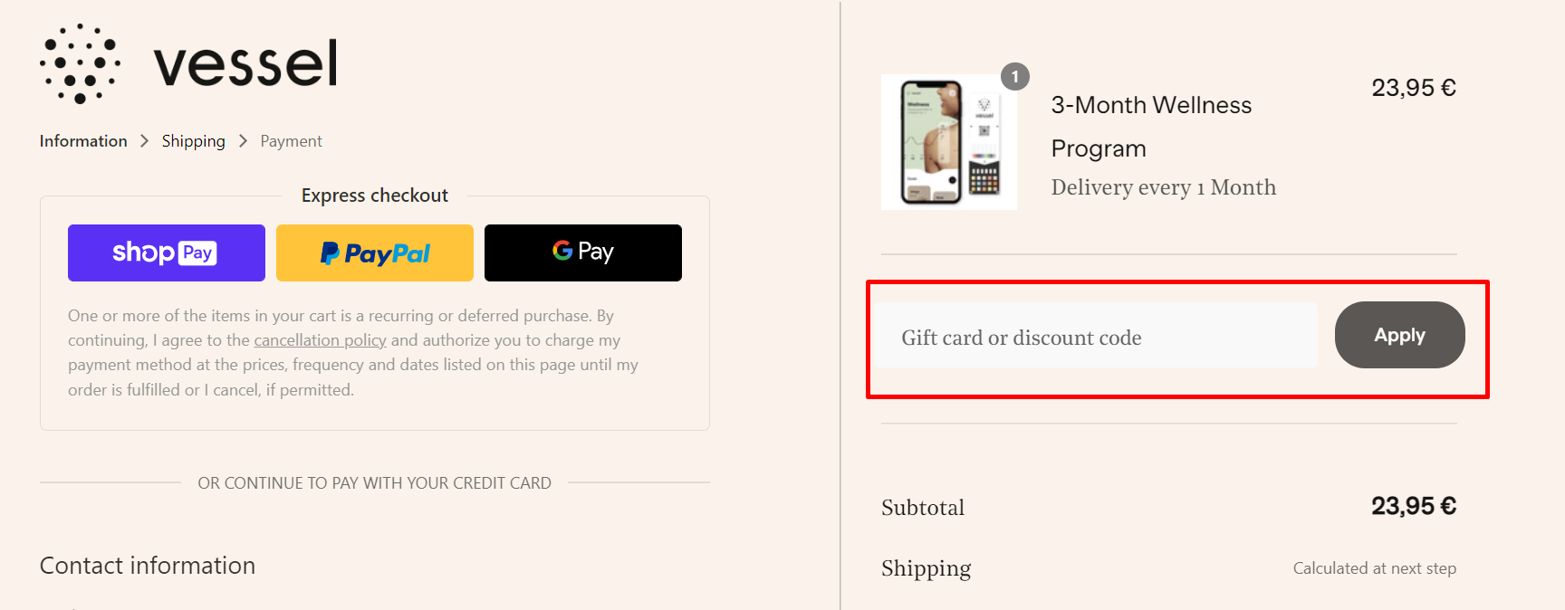 How do I use my Vessel discount code?