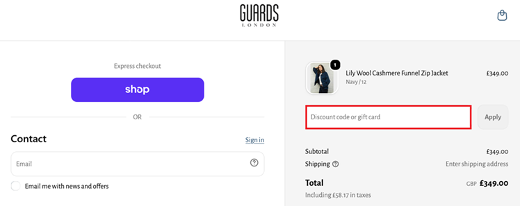 image showing the Guards London checkout page