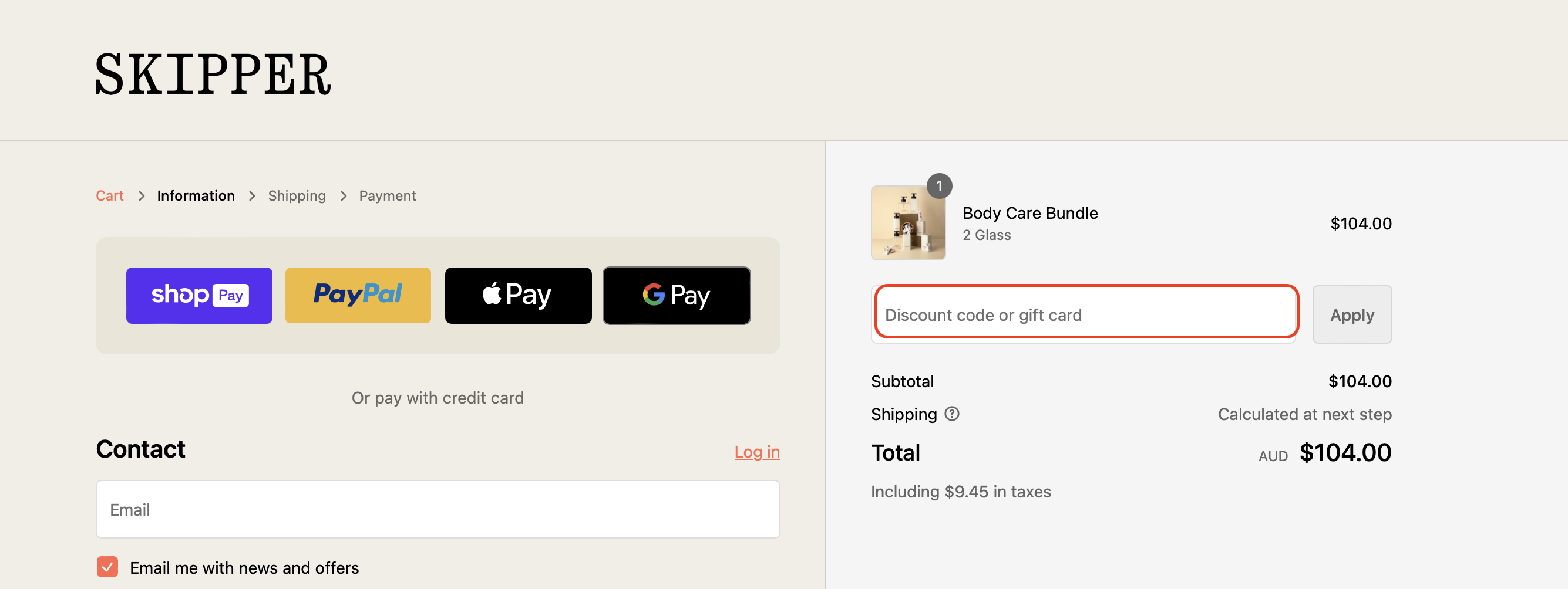 The highlighted red box at the brand checkout page is showing where to add the Skipper promo code.