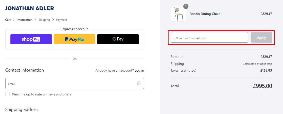How do I use my Jonathan Adler discount code?