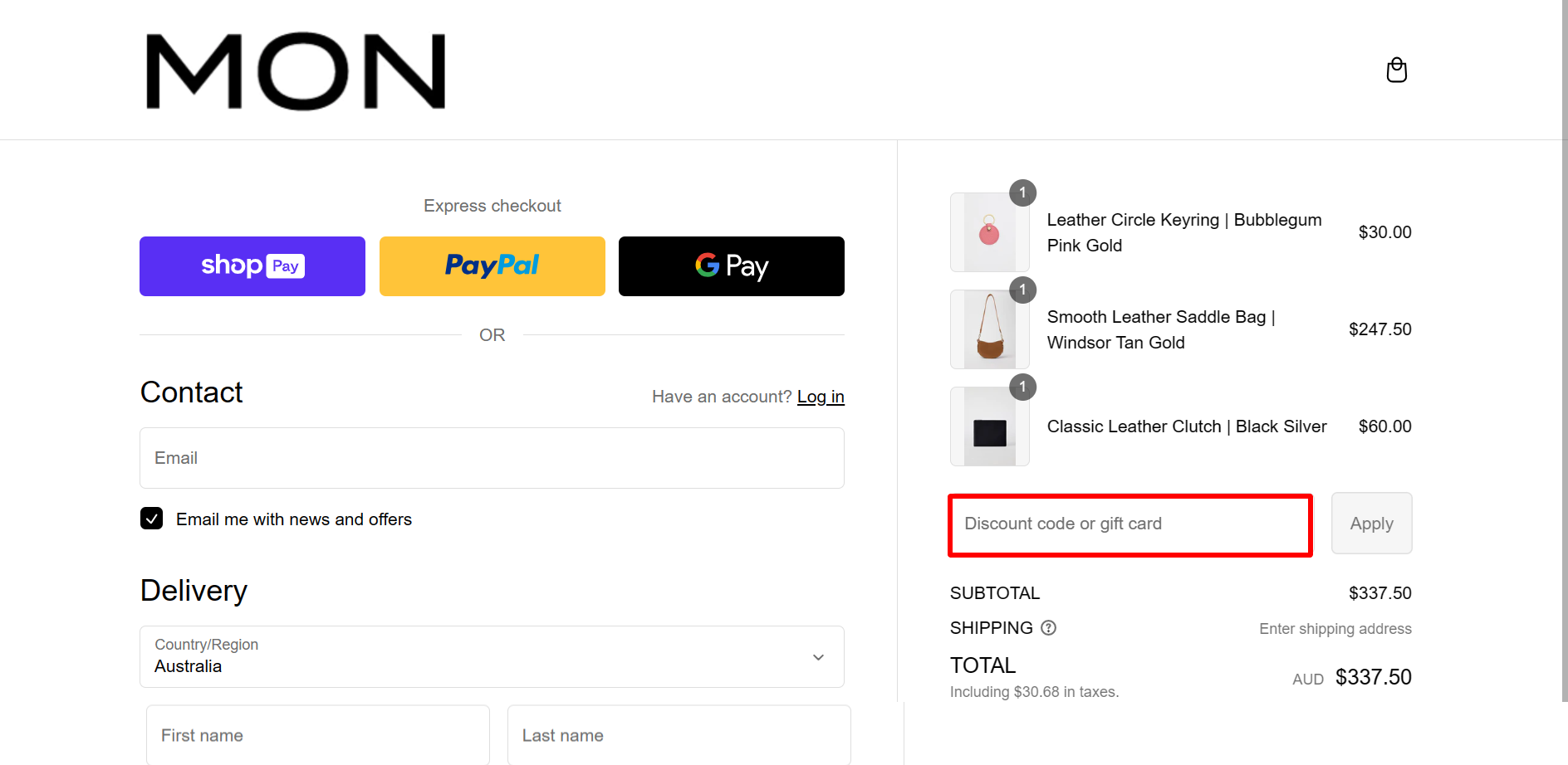 The highlighted red box at the brand checkout page is showing where to add the MON Purse discount code.