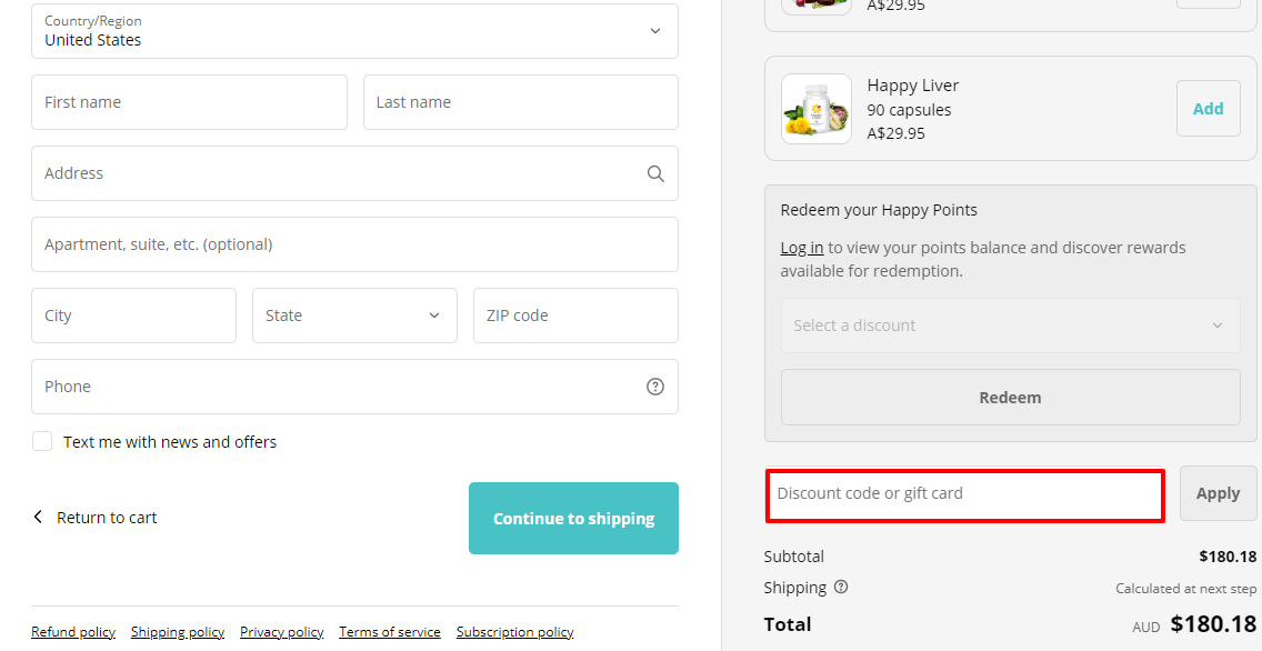 The brand checkout page with where to add Happy Healthy You coupon code is highlighted with a red box