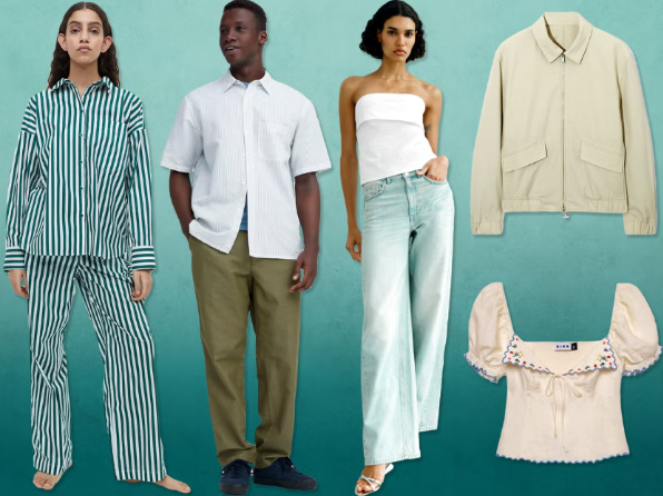 A guy and woman wearing clothes from MARAIS against a light blue background